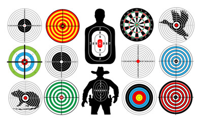Big set of targets isolated animals people cowboy man. Targets for shooting. Archery.  Darts board. vector