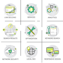 Link Building Seo Keywording Search Network Security Services Icon Set Vector Illustration