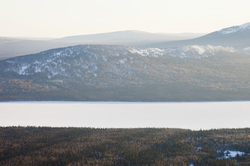 Lake Zyuratkul and the Ural Mountains landscape.