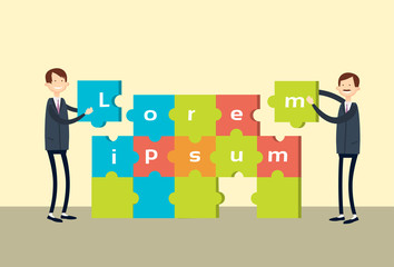 Two Business Man Match Puzzle Parts, Teamwork Success Flat Vector Illustration
