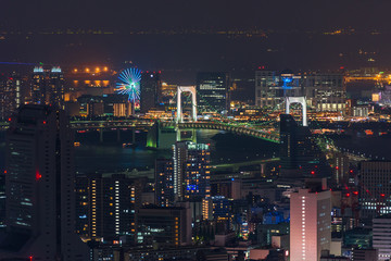 Fototapeta na wymiar Aerial night view of Yokohama Cityscape and bay at Minato Mirai waterfront district