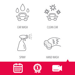 Achievement and video cam signs. Car wash icons. Automatic cleaning station linear signs. Hand wash, sponge and spray flat line icons. Calendar icon. Vector