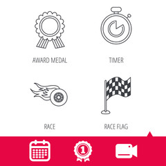 Achievement and video cam signs. Race flag, winner medal and timer icons. Wheel on fire linear sign. Calendar icon. Vector