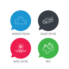 Colored speech bubbles. Winner podium, race timer and wheel on fire icons. Motorcycle helmet on fire linear sign. Flat web buttons with linear icons. Vector