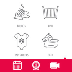 Achievement and video cam signs. Baby clothes, bath and crib icons. Bath bubbles linear sign. Calendar icon. Vector