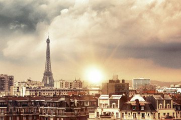Fototapeta premium Eiffel tower and Paris city view form the roof. Eiffel Tower from Champ de Mars, Paris, France. Beautiful Romantic background.