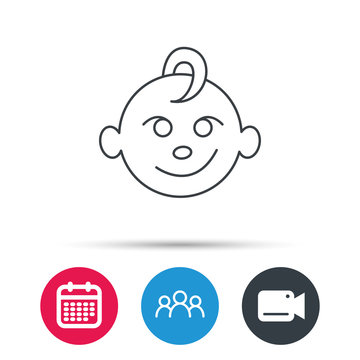 Baby boy face icon. Child with smile sign. Newborn symbol. Group of people, video cam and calendar icons. Vector