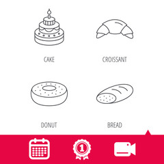 Achievement and video cam signs. Croissant, cake and bread icons. Sweet donut linear sign. Calendar icon. Vector