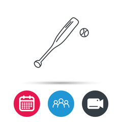 Baseball bat with ball icon. Professional sport equipment sign. Group of people, video cam and calendar icons. Vector