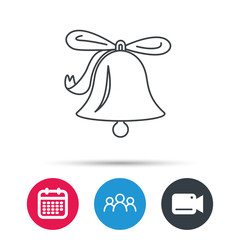 Ringing jingle bell icon. Sound sign. Alarm handbell symbol. Group of people, video cam and calendar icons. Vector