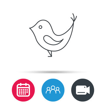 Bird with beak icon. Cute small fowl symbol. Social media concept sign. Group of people, video cam and calendar icons. Vector