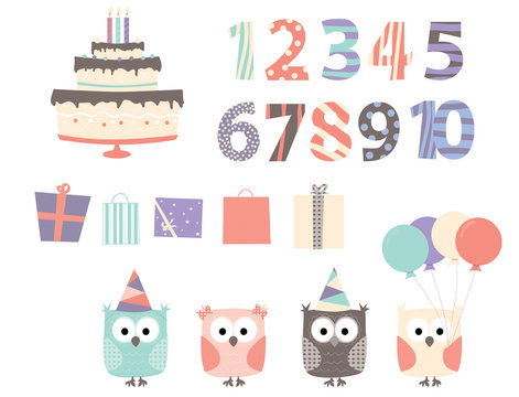 Birthday elements: owls, balloons, birthday cake / vectors collection for children