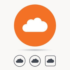Cloud icon. Data storage technology symbol. Orange circle button with web icon. Star and square design. Vector