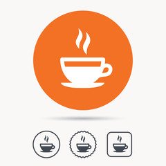 Coffee cup icon. Hot tea drink symbol. Orange circle button with web icon. Star and square design. Vector