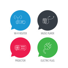 Colored speech bubbles. Electric plug, wi-fi router and projector icons. Music player linear sign. Flat web buttons with linear icons. Vector