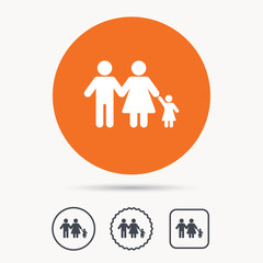 Family icon. Father, mother and child symbol. Orange circle button with web icon. Star and square design. Vector