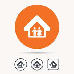 Family icon. Father and mother in home symbol. Orange circle button with web icon. Star and square design. Vector