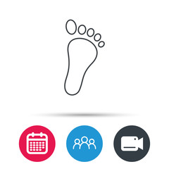 Baby footprint icon. Child foot sign. Newborn step symbol. Group of people, video cam and calendar icons. Vector