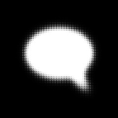 Oval speech bubble on black background with white triangles. Halftone effect speech bubble. Think bubble with halftone shadows.