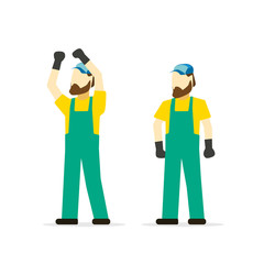 Repairman vector isolated flat cartoon style, mechanic person with hands up and standing, worker character, repair man on white background