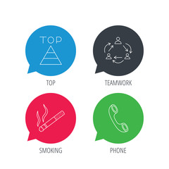 Colored speech bubbles. Teamwork, smoking and phone call icons. Top linear sign. Flat web buttons with linear icons. Vector