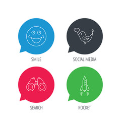 Colored speech bubbles. Rocket, social media and search icons. Smiling face linear sign. Flat web buttons with linear icons. Vector