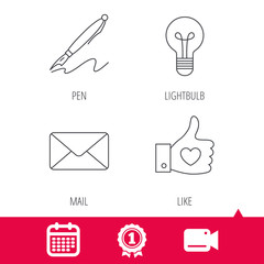 Achievement and video cam signs. Mail, heart and lightbulb icons. Pen linear sign. Calendar icon. Vector