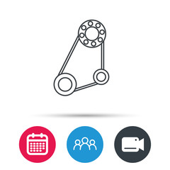 Timing belt icon. Generator strap sign. Repair service symbol. Group of people, video cam and calendar icons. Vector