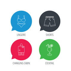 Colored speech bubbles. Cocktail, lingerie and shorts icons. Changing cabin linear sign. Flat web buttons with linear icons. Vector