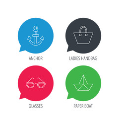 Fototapeta premium Colored speech bubbles. Paper boat, anchor and glasses icons. Ladies handbag linear sign. Flat web buttons with linear icons. Vector