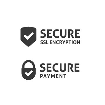 Secure ssl https connection icon vector isolated, black and white secured shield and padlock symbols, protected payment, safe data encryption technology, https website certificate privacy sign