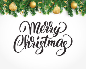 Greeting card with fir tree garland, ornaments and Merry Christmas text.