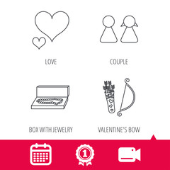 Achievement and video cam signs. Love heart, jewelry and couple icons. Valentine amour arrows linear signs. Calendar icon. Vector