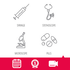 Achievement and video cam signs. Syringe, stethoscope and microscope icons. Medical pills linear sign. Calendar icon. Vector