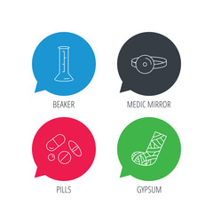 Colored speech bubbles. Gypsum, lab beaker and medical pills icons. Medical mirror linear sign. Flat web buttons with linear icons. Vector