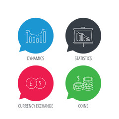 Colored speech bubbles. Banking, cash money and statistics icons. Dynamics, currency exchange linear signs. Flat web buttons with linear icons. Vector