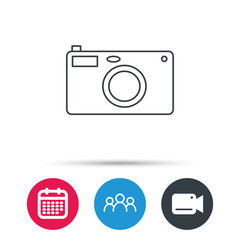 Photo camera icon. Photographer equipment sign. Group of people, video cam and calendar icons. Vector