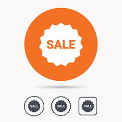 Sale icon. Special offer star symbol. Orange circle button with web icon. Star and square design. Vector