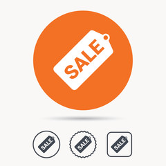 Sale coupon icon. Special offer tag symbol. Orange circle button with web icon. Star and square design. Vector