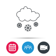 Snow icon. Snowflakes with cloud sign. Snowy overcast symbol. Group of people, video cam and calendar icons. Vector