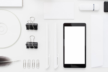 Memory devices flat lay. Top view on collection of supplies for writing and keeping information development. Art, business, creation, stationery, writing, communication, commercial concept