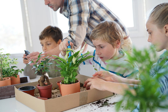 Teacher with kids in biology class learning about plants