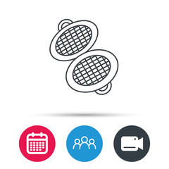 Waffle iron icon. Kitchen baking tool sign. Group of people, video cam and calendar icons. Vector