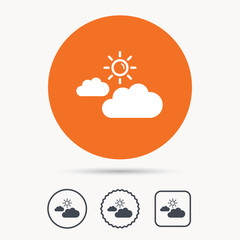Fototapeta na wymiar Cloud with sun icon. Sunny weather symbol. Orange circle button with web icon. Star and square design. Vector