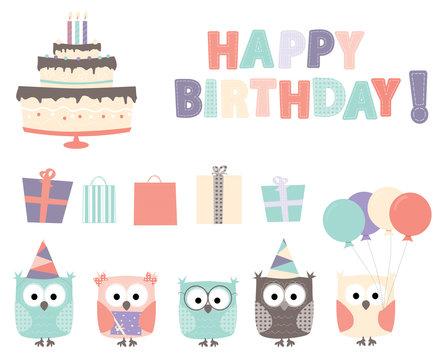 cartoon birthday party elements: owls, balloons, gifts and birthday cake and happy birthday text 