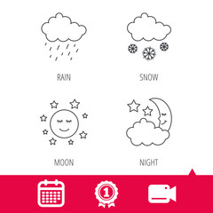 Achievement and video cam signs. Weather, night and rain icons. Moon night and snow linear signs. Calendar icon. Vector