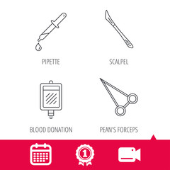 Achievement and video cam signs. Blood donation, scalpel and pipette icons. Peans forceps linear sign. Calendar icon. Vector