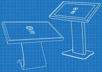 Blueprint of Set of Promotional Interactive Information Kiosk, Advertising Display, Terminal Stand, Touch Screen Display. Mock Up Template.