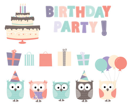Birthday party cartoon elements: owls, balloons, gifts and birthday cake and birthday party text 