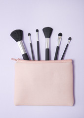 Aerial view of a pink cosmetics bag with make up brushes spilling out on to a pastel purple background